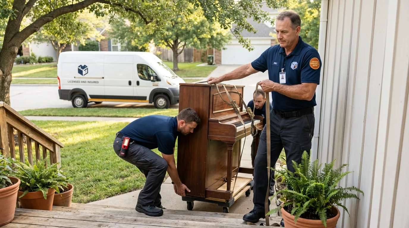 Licensed piano movers securing grand piano in Germantown, TN