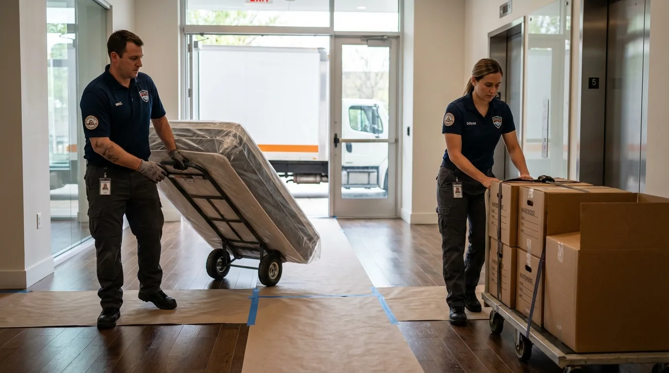Professional apartment movers loading elevator in Germantown, TN