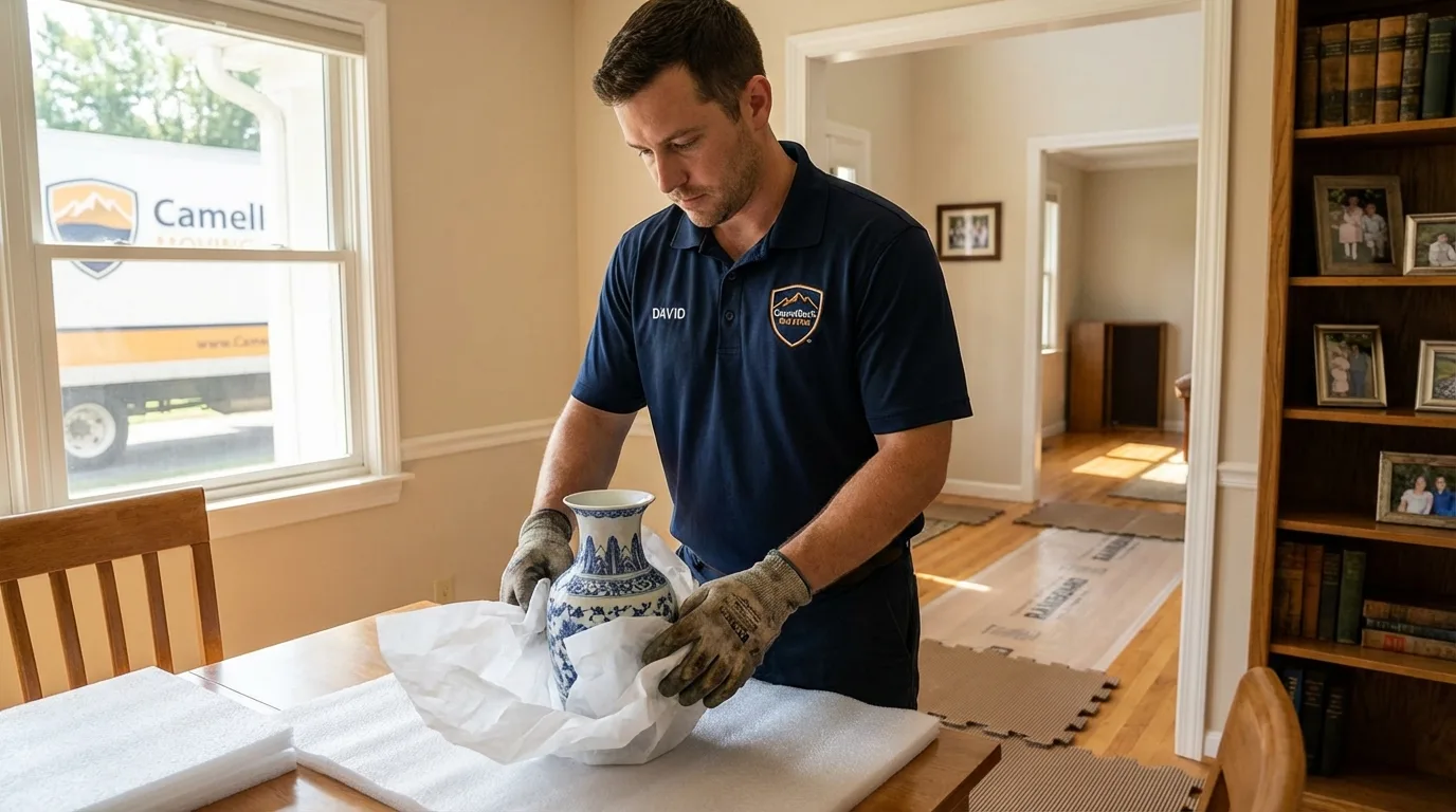 Professional crew carefully wrapping antique vase for senior downsizing move in Germantown, TN